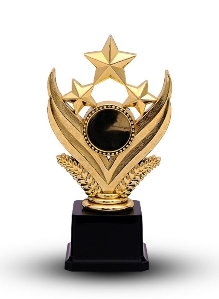 A luxurious gold 3-star award shield with a sturdy base - ideal for sports awards, school competitions, and honoring outstanding employees.